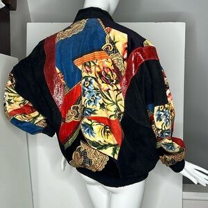 Cache Sz M Vintage Black Suede Snakeskin and Velvet Appliqué Bomber Zip Jacket